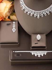 1 套优雅的方晶锆石花卉装饰首饰套装，包括 1 对耳环、1 条项链、1 条手链、1 个戒指，适合女士派对佩戴，不包括礼品盒 - 銀色 - 查看 2