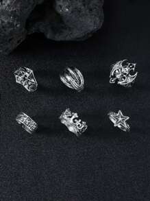 Set de 6 anillos geométricos lisos de acero inoxidable con diseños de estrella y calavera, al estilo clásico europeo y americano, adecuados para uso diario de hombres, fiestas y regalos de vacaciones - color acero - Ver 7