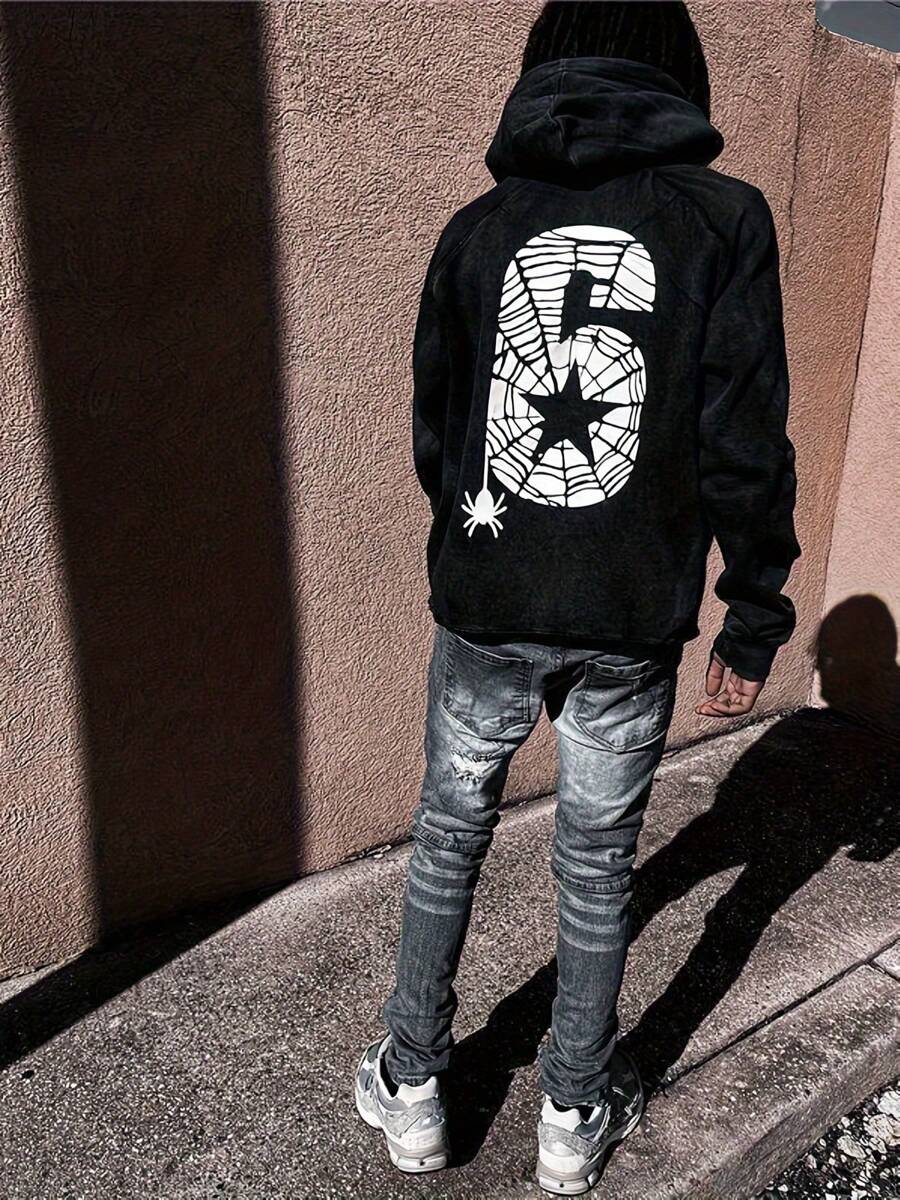 Mens Punk Hoodie Loose Letter Number Print Long Sleeve Hooded Sweatshirt With Front Pocket Vintage Streetwear