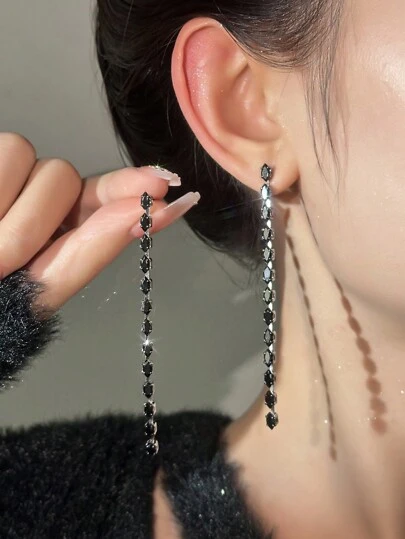 Andkiss 1 Pair Zirconia Stone Tassel Earrings, Suitable For Daily Wear