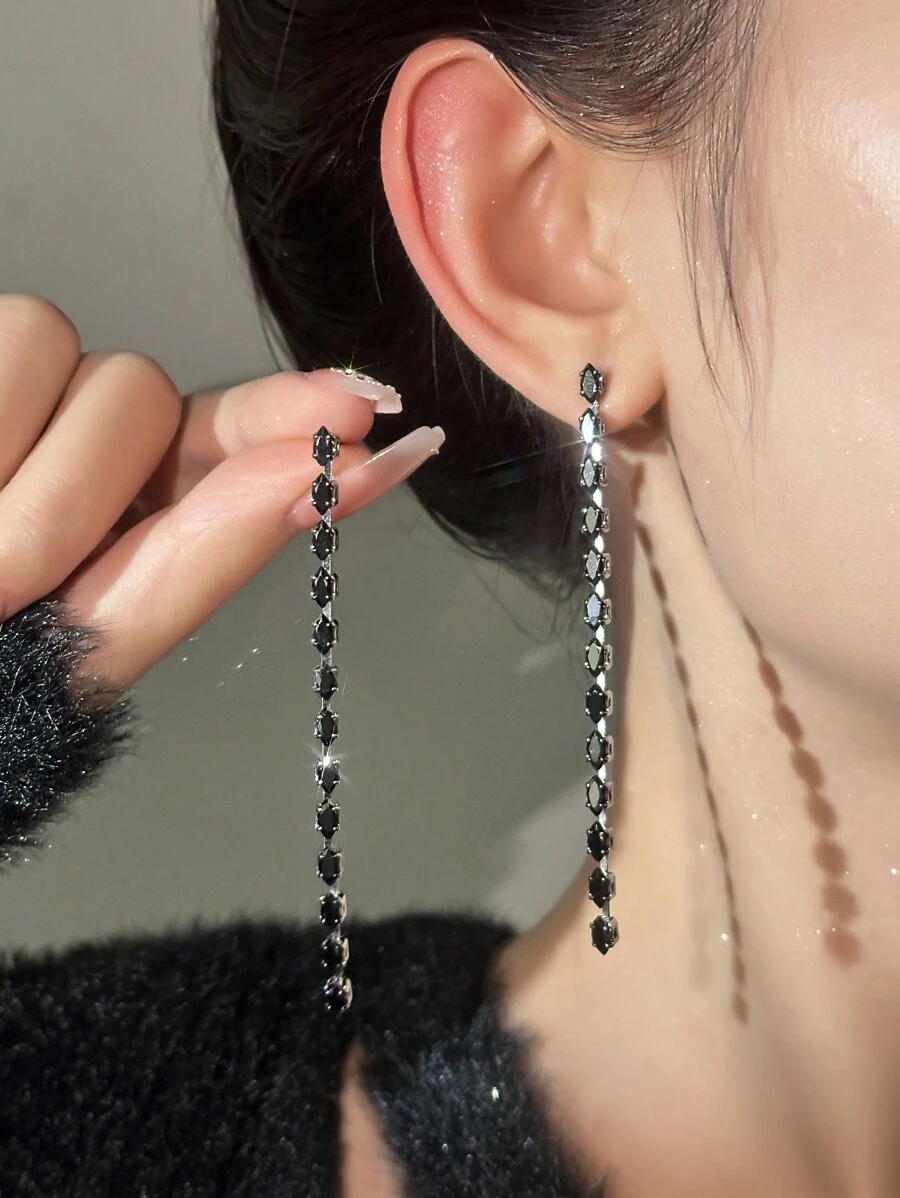 Andkiss 1 Pair Zirconia Stone Tassel Earrings, Suitable For Daily Wear - Black - View 1