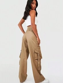 QIANZHIDU 女式直筒贴袋细节工装裤