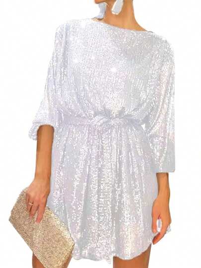 S Sequin Party Dress, Sparkle Long Sleeve Round Neck Short Cocktail Dress With Belt