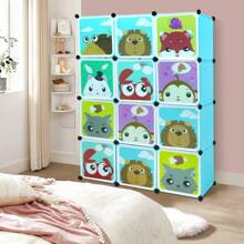DIY Wardrobe With 12 Cubes For Children's Room, Cartoon Animal Motif, PP Plastic Storage Furniture With 2 Hanging Rods, Large Capacity 111 X 37 X 147 Cm, Blue / Pink
