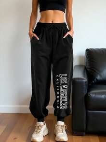 女士休闲运动裤，印有城市名称标语，黑色紧身运动裤，跑步长裤，秋冬