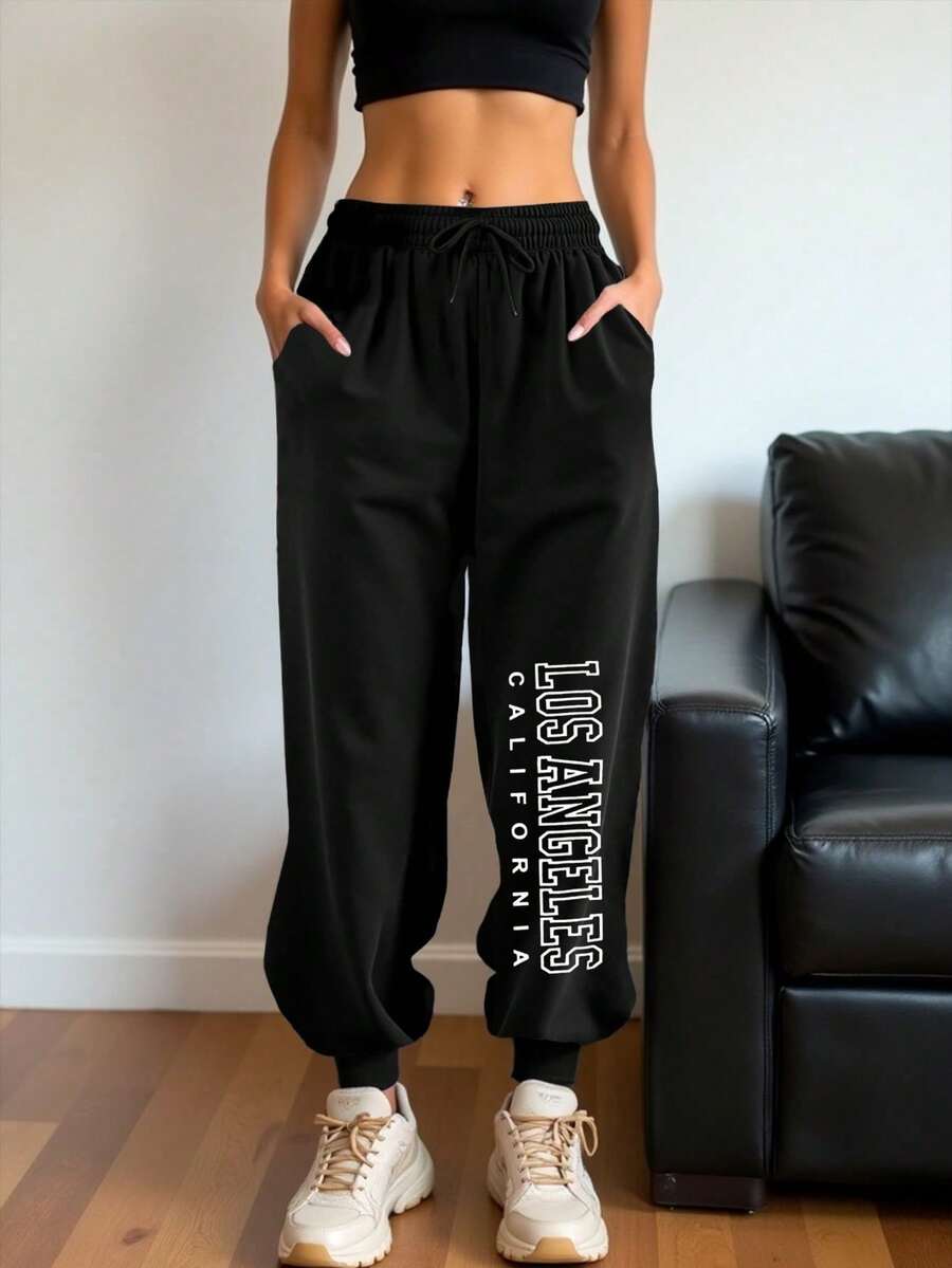 女士休闲运动裤，印有城市名称标语，黑色紧身运动裤，跑步长裤，秋冬