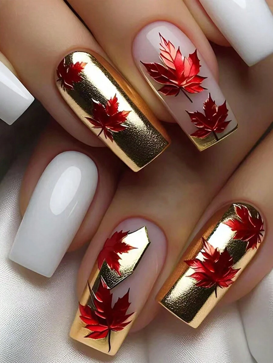 24 piezas de uñas postizas cuadradas cortas con patrón de hojas de arce de otoño e invierno, decoración de uñas dulce, adecuado como regalo DIY para amigos - Multicolor - Ver 1