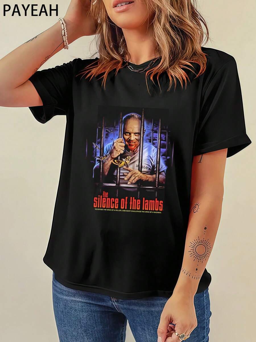 Payeah Women's 220g Heavy Cotton Casual Tee The Silence Of The Lambs 100% Cotton Digital Print T Shirt(1 Pcs) - 黑色 - 查看 1