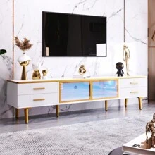 Meuble TV effet marbre – Poignées dorées, détails en verre, design moderne, 170 cm - Blanc - Voir 1