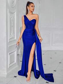 Elisanya Váy dài buộc trước xẻ sau hở cổ bất đối xứng, phù hợp cho các buổi dạ hội, tiệc tùng, váy dự tiệc, váy dự tiệc cưới, váy trang trọng, váy dạ hội - Xanh đậm - Xem 4