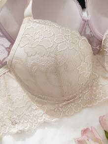 3-Pack Sexy Lace Deep V-Neck Push Up Supportive Underwire Lined Bra Sets - Multicolor - View 4