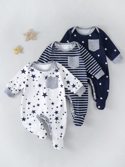 Ensemble de 3 pièces Combinaison à pieds imprimé étoiles