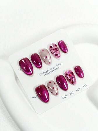 YINZIJIA 经典之美定制之美优雅魅力10款手工压甲短款杏仁形全覆盖假指甲套装火龙果猫眼点压甲套装装饰指甲套装&1个迷你指甲锉&1个胶水标签让你的指甲看起来清新，适合女性和女孩的日常佩戴美甲用品美甲