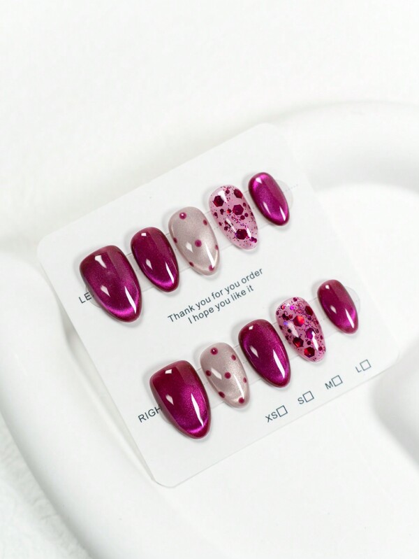 YINZIJIA Classic Beauty Customized Beauty Elegant Charm 10 Handmade Nail Pressing Short, Almond Shaped, Fully Covered Fake Nail Set Dragon Fruit Cat Eye Spot Nail Pressing Set Decoration Nail Set&1 Mini Nail File&1 Glue Label Make Your Nails Look Fresh, Suitable For Women And Girls' Daily Wear