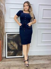 Women's Executive Sheath Dress Square Neck Evangelical Fashion Stylish Super Fashion Promotion - 藏蓝色 - 查看 3