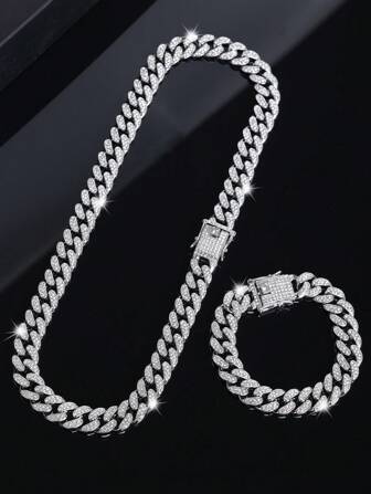 kuuioe 2 件/套精致链项链加手链，男女通用嘻哈说唱歌手珠宝，男士珠宝套装，送给儿子/父亲节/男朋友的完美礼物