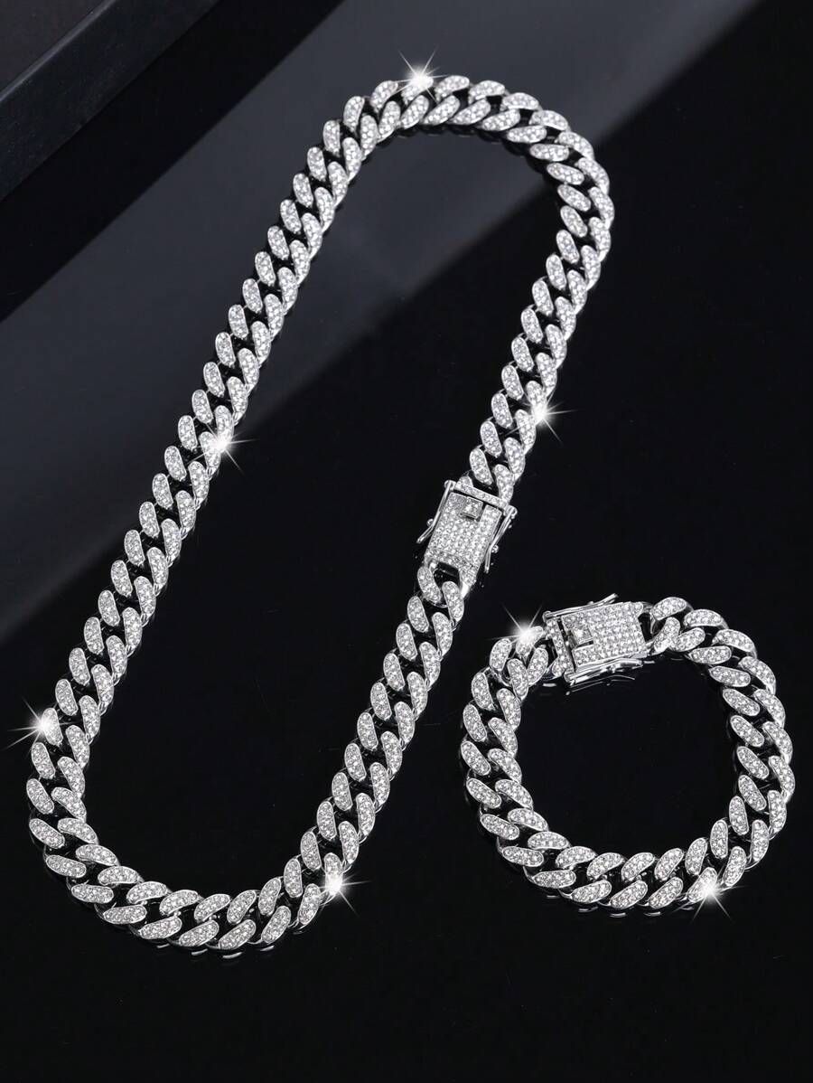 kuuioe 2pcs/Set Exquisite Cuban Link Chain Necklace Plus Bracelet,Unisex Hip Hop Jewelry For Rappers, Men's Jewelry Set,Perfect Gift For Son/ Father'S Day/Boyfriend - Style a - View 1