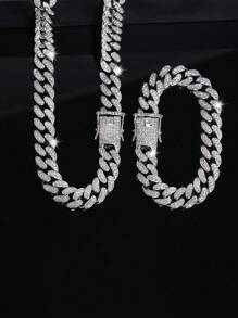 kuuioe 2pcs/Set Exquisite Cuban Link Chain Necklace Plus Bracelet,Unisex Hip Hop Jewelry For Rappers, Men's Jewelry Set,Perfect Gift For Son/ Father'S Day/Boyfriend - Style a - View 2