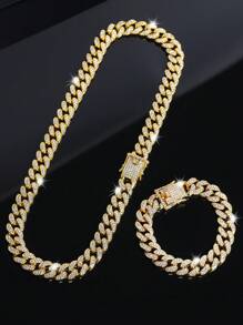 kuuioe 2pcs/Set Exquisite Cuban Link Chain Necklace Plus Bracelet,Unisex Hip Hop Jewelry For Rappers, Men's Jewelry Set,Perfect Gift For Son/ Father'S Day/Boyfriend - Style a - View 6