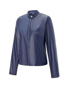 Women's Vintage Black Faux Leather Jacket Elegant Slim Moto PU Biker Jacket Outerwear, Long Sleeve Zipper Short Jacket Casual Party Jacket - 藏青色 - 查看 5