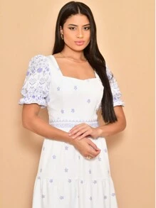 Helena Crepe Printed Midi Dress With Short Sleeves - Mauve Purple - View 5