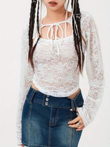 Women Y2k Lace Trim Long Sleeve Top Spaghetti Strap Tank Tops Bolero Shrug 2 Piece Set Trendcy Streetwear - White - View 4