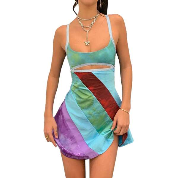 Womens Casual Suspender Short Dress Fashion Contrast Color U-Neck Stitching Hollow Backless A-Line Dress Chic / Comfortable