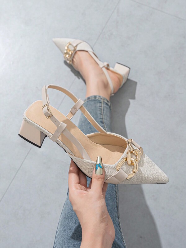 Retro Floral Patterned Women's Closed Toe Block Heel Pumps With Chain Decor, Elegant & Comfortable Outdoor, Commute, Party Wear, Suitable For Spring, Summer, Autumn, Winter, Beige