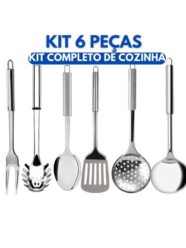 Kit 6 Utensílios de Cozinha em Aço Inox Escumadeira 33cm Concha 32cm Colher de Arroz 29cm Pegador de Massa Reto 32cm Garfo Trinchante 33cm Espátula Vazada para Hambúrguer 30cm