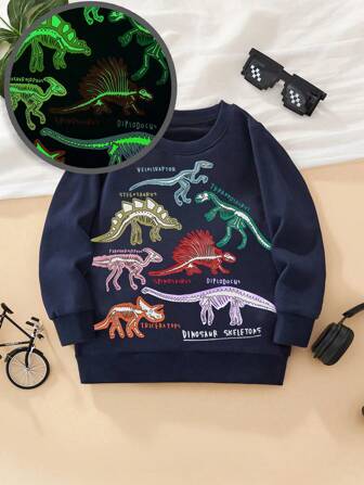 小男孩长袖运动衫，卡通恐龙夜光印花，时尚可爱的秋冬季设计