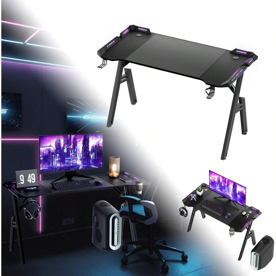 Bureau De Jeu Avec Tapis De Souris Et Porte-gobelet, Bureau De Jeu Avec Tapis De Souris Et Porte Gobelet Bureau De Jeu Avec Lumieres Led 140 X 60 Cm Eclairage Led Et Telecommande Inclus 96936240