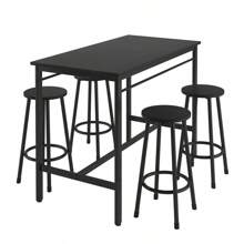 5-Piece Rural Kitchen Table With Four Bar Stools Metal Frame And MDF Black