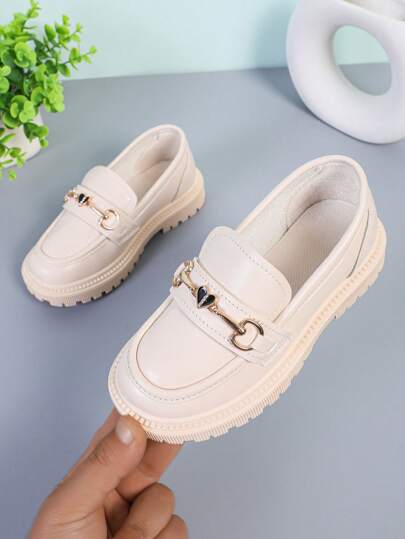 1 Pair Toddler Girls' Plus Size Ivory Faux Leather Princess Flats, Rhinestone Heart Decor, Round Toe, Non-Slip, Fashion, Luxury, Cute, Suitable For 3-15 Years Old, Party, Dance, Casual, Holiday, Spring/Autumn