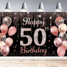 1pc "Happy Birthday" Backdrop Banner, Black/Silver/Rose Gold, Party Decorations For 16th 21st 40th 50th 60th 80th Birthday, Photo Booth Accessories, Glitter Balloon