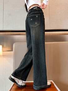 1 条女童时尚后口袋蝴蝶刺绣阔腿牛仔裤，春秋季节 - 黑色 - 查看 1