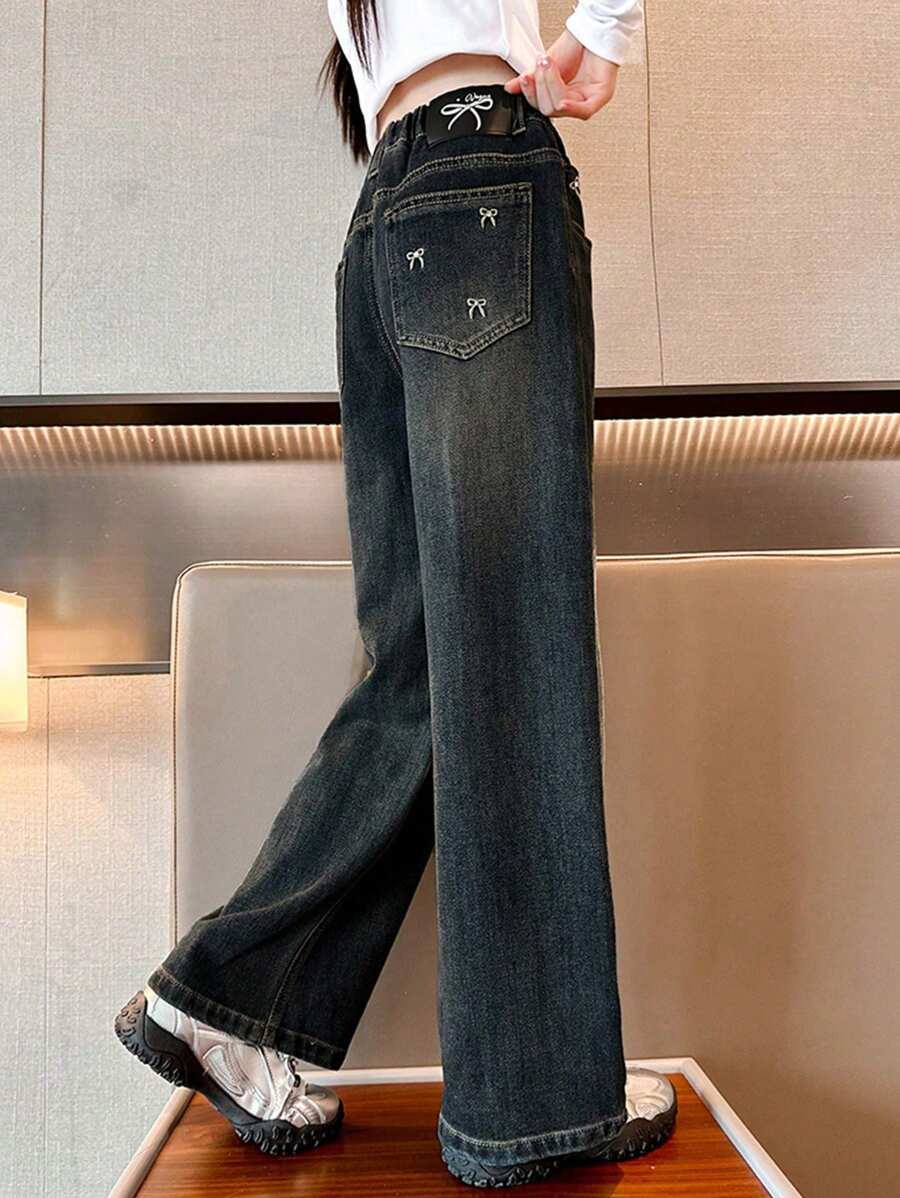 1 条女童时尚后口袋蝴蝶刺绣阔腿牛仔裤，春秋季节 - 黑色 - 查看 1