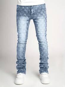 Spring Summer Skinny Jeans Fashion Rhinestone Streetwear Denim Pants With Pockets - Blue - View 1