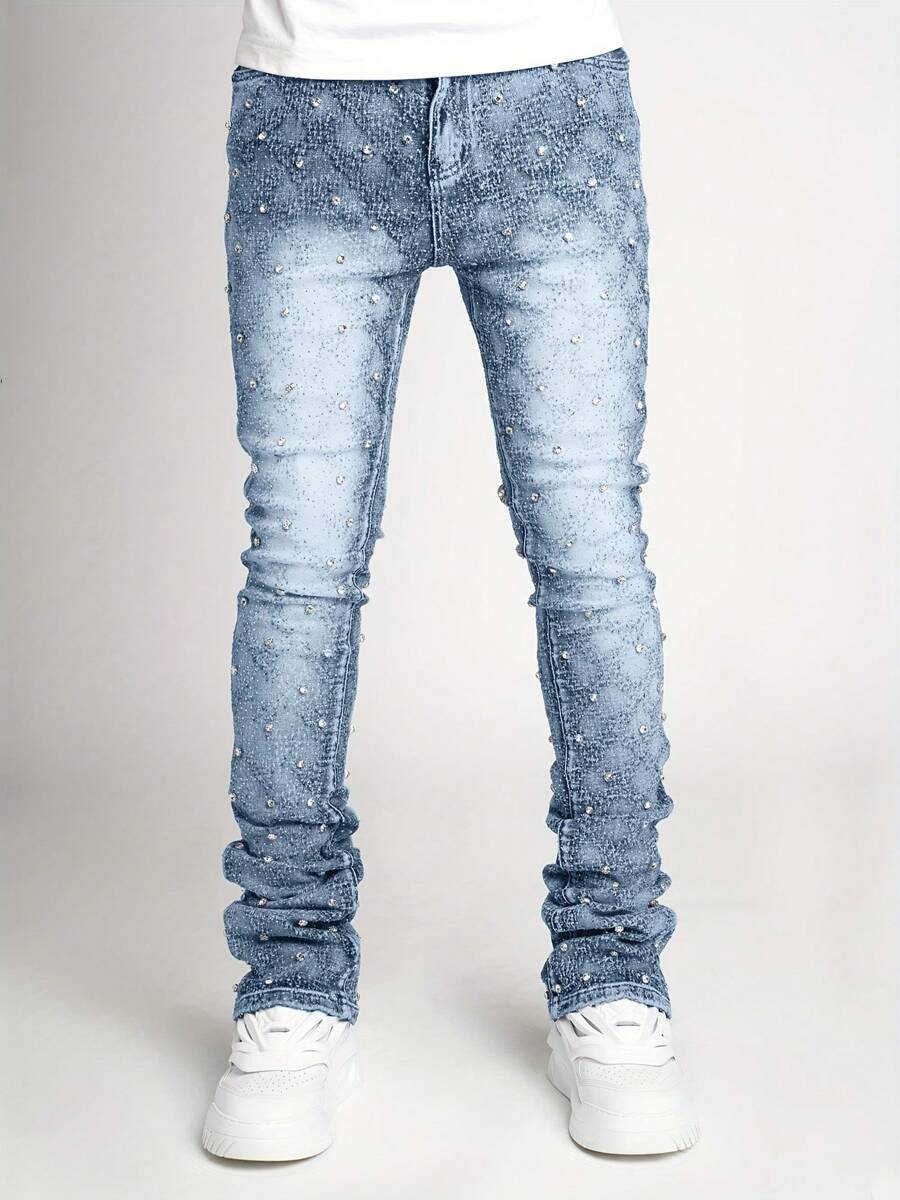 Spring Summer Skinny Jeans Fashion Rhinestone Streetwear Denim Pants With Pockets - Blue - View 1