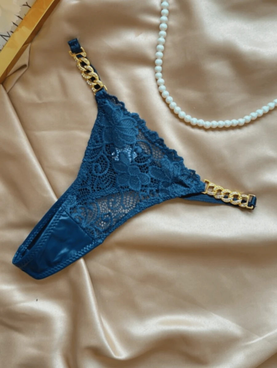Tangas de moda para mujeres con decoración de encaje y cadena de metal - Azul - Ver 1