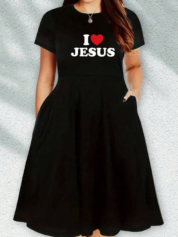 I Love JESUS Print, Black Plus Size Short-Sleeved Dress Casual, Autumn And Winter Women's Clothing Elegant Summer