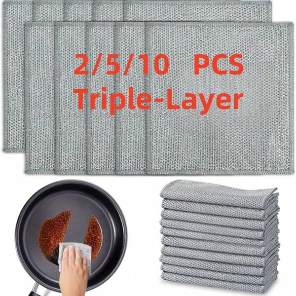 2/5/10 Pcs New Upgrade Steel Wire Dishcloth,Triple-Layer Steel Wire Cleaning Cloth,Powerful Cleaning Non-Scratch Wire Dishcloth Rag For Cookware, Sinks, Dishes, Stove Tops