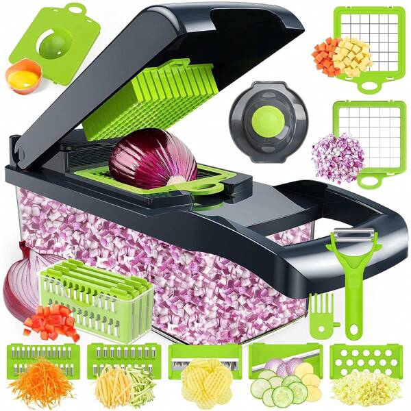 Tritatutto per verdure multifunzione 22 in 1 per uso interno e domestico, con accessori come coltelli e contenitori da cucina, professionale per alimenti, design grigio, resistente all'usura e alla caduta, adatto ad amici, mamme e anziani a casa in inverno