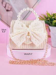 1个珍珠串珠蝴蝶结装饰草编和PU材质翻盖时尚手提包/单肩包，适合青少年日常和假日使用 - 方形草編包 - 查看 3