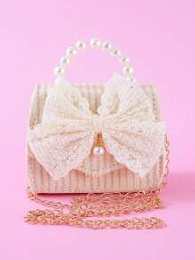 1个珍珠串珠蝴蝶结装饰草编和PU材质翻盖时尚手提包/单肩包，适合青少年日常和假日使用 - 方形草編包 - 查看 2