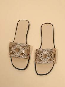 Women's Summer Rhinestone Flat Street Style Slippers, Fashion Outdoor Wear - Apricot - View 8