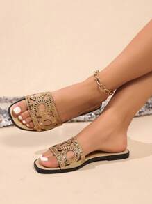 Women's Summer Rhinestone Flat Street Style Slippers, Fashion Outdoor Wear - Apricot - View 3