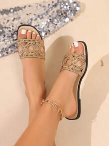 Women's Summer Rhinestone Flat Street Style Slippers, Fashion Outdoor Wear - Apricot - View 6