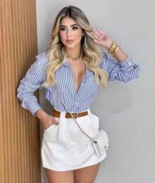 Women's Long Sleeve Formal T-Shirt In Duna Fabric, Size M, G, Gg, G1, G2, G3, Super Fashion Blouse - azul com branco - 查看 2