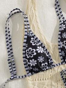 New Ditsy Floral Adjustable Strap Backless Tie-Up Cute Bikini, Women Summer Beach Resort Swimwear Set, Black