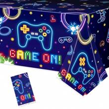 1pc/3pcs Video Game Controller Neon Lights Birthday Tablecloth, Disposable Rectangular Plastic Tablecloth For Game Themed Party, Birthday Party Decorations & Supplies
